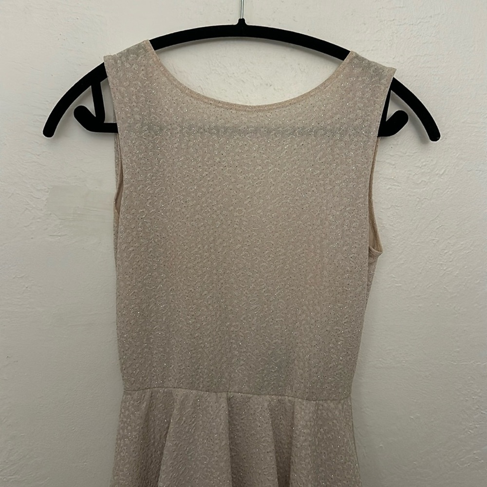 This is a beige mini backless dress. It is sparkly and is from Windsor.